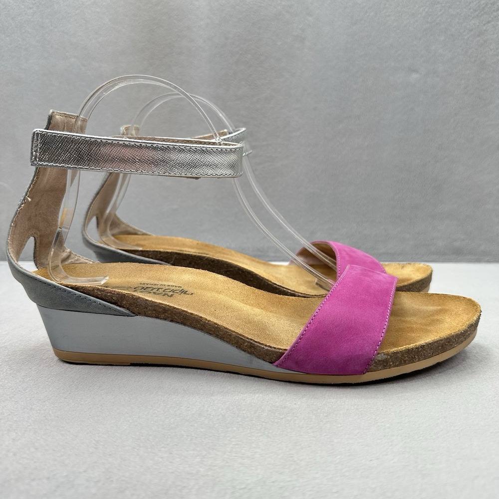 NAOT Pixie Womens Size 41 (US 10) Wedge Sandals Pink Silver Leather Ankle Strap
